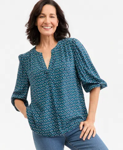 Style & Co Petite 3/4-sleeve Geometric-print V-neck Blouse, Macy's Exclusive In Diamond Industrial Blue