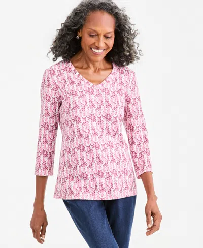 Style & Co Petite 3q V-neck Text Arrow 3/4 Sleeve T-shirt, Created For Macy's In Pink