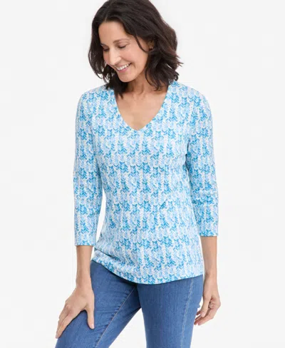Style & Co Petite 3q V-neck Text Arrow 3/4 Sleeve T-shirt, Created For Macy's In Blue