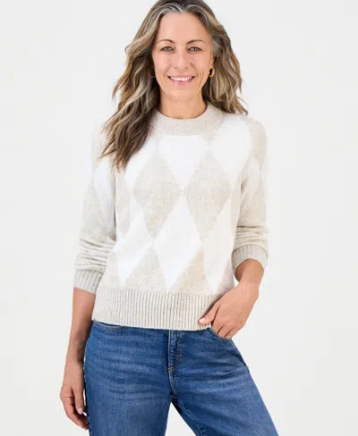 Style & Co Petite Argyle Crewneck Long-sleeve Sweater, Macy's Exclusive In Dark Walnut