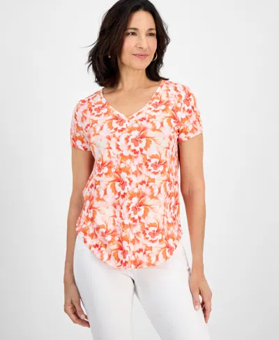 Style & Co Petite Blurred Floral Perfect V-neck Tee, Exclusively At Macy's In Orange
