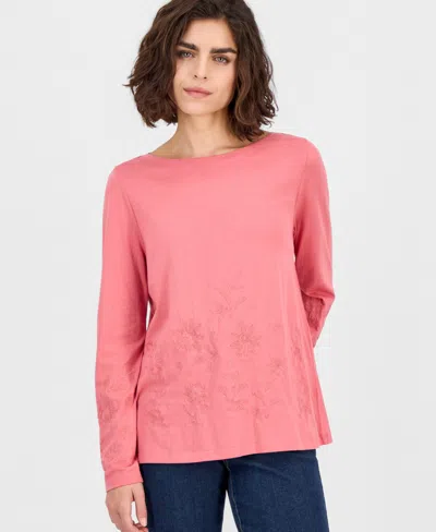 Style & Co Petite Boat Neck Embroidered Top, Macy's Exclusive In Pink