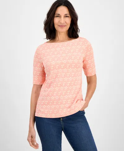 Style & Co Petite Bridge Geo Elbow-sleeve Knit Top, Exclusively At Macy's In Pink