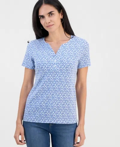 Style & Co Petite Bridge Geo Short-sleeve Henley Top, Macy's Exclusive In Blue
