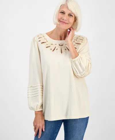 Style & Co Petite Broderie Anglaise Top, Macy's Exclusive In Neutral