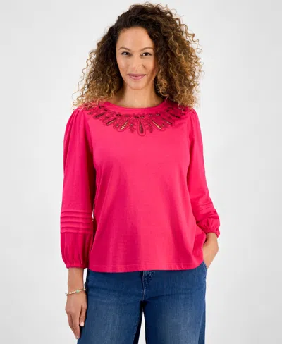 Style & Co Petite Broderie Anglaise Top, Macy's Exclusive In Pink