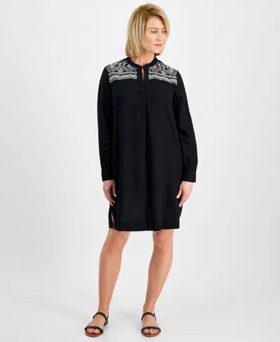 Style & Co Petite Bruno Embroidered Popover Linen-blend Shift Dress, Created For Macy's In Bruno Emb Blk