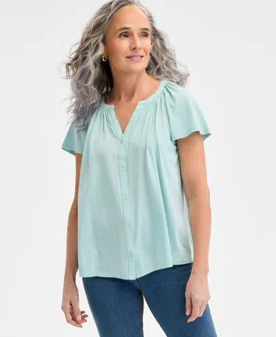 Style & Co Petite Button-front Flutter-sleeve Top, Exclusively At Macy's In Blue