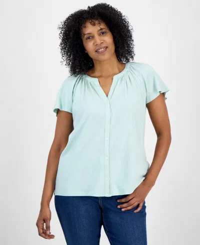 Style & Co Petite Button-front Flutter-sleeve Top, Exclusively At Macy's In Blue