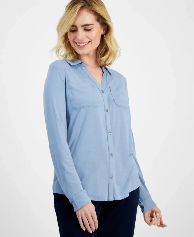 Style & Co Petite Button-front Long-sleeve Knit Shirt, Created For Macy's In Blue Fog