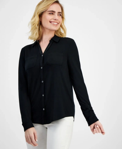 Style & Co Petite Button-front Long-sleeve Knit Shirt, Created For Macy's In Deep Black