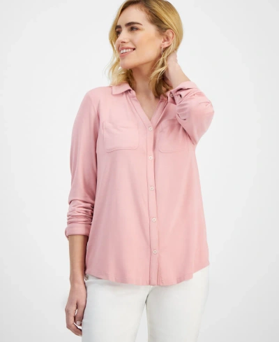 Style & Co Petite Button-front Long-sleeve Knit Shirt, Created For Macy's In Fresh Carnation