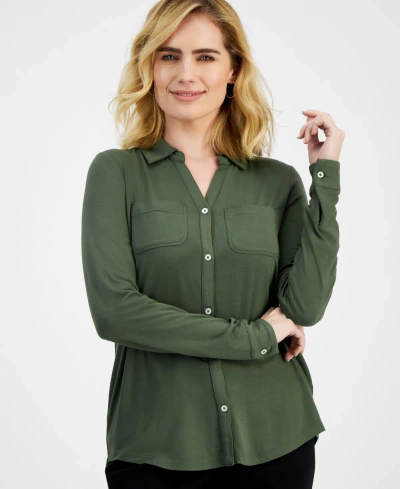 Style & Co Petite Button-front Long-sleeve Knit Shirt, Created For Macy's In Oliva