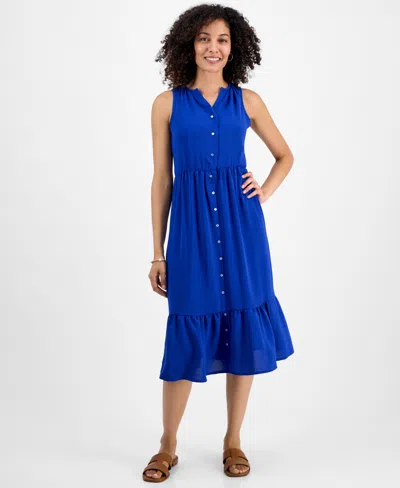 Style & Co Petite Button-front Sleeveless Midi Dress, Macy's Exclusive In Blue