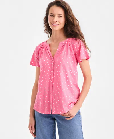 Style & Co Petite Button-up Scattered Polka Y-neck Shirt, Macy's Exclusive In Pink