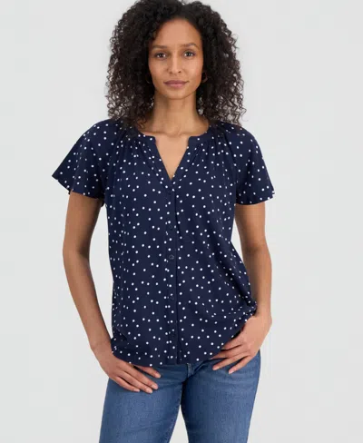 Style & Co Petite Button-up Scattered Polka Y-neck Shirt, Macy's Exclusive In Blue