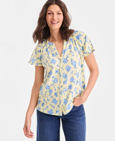 Style & Co Petite Button-up Scattered Polka Y-neck Shirt, Macy's Exclusive In Pastel Yellow