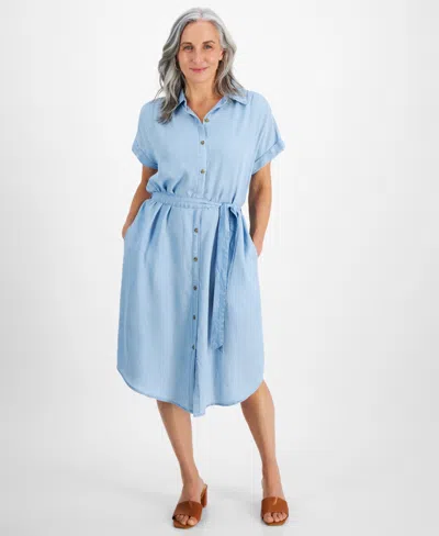 Style & Co Petite Chambray Belted Camp Shirt Dress, Created For Macy's In Emma Wash