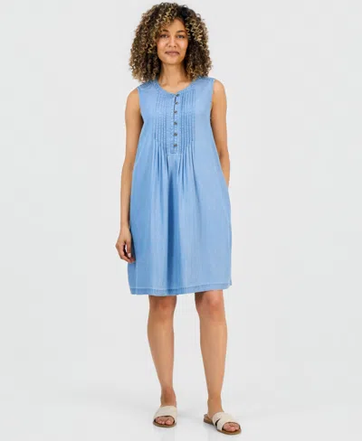 Style & Co Petite Chambray Pintucked Dress, Macy's Exclusive In Blue