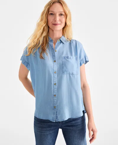 Style & Co Petite Chambray Short-sleeve Button Shirt, Exclusively At Macy's In Anna Wash