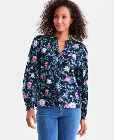 Style & Co Petite Chintz Floral Smocked Split-neck Top, Macy's Exclusive In Blue
