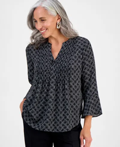 Style & Co Petite Circle-print Split-neck Top, Exclusively At Macy's In Black