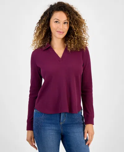 Style & Co Petite Collared Long-sleeve Thermal Top, Macy's Exclusive In Burgundy