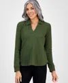 Style & Co Petite Collared Long-sleeve Thermal Top, Macy's Exclusive In Green