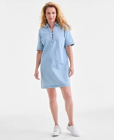 Style & Co Petite Cotton 3/4-sleeve Popover Denim Dress, Exclusively At Macy's In Blue