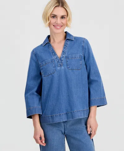 Style & Co Petite Cotton 3/4-sleeve Denim Tunic, Macy's Exclusive In Blue