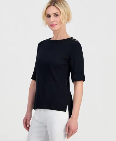Style & Co Petite Cotton Asymmetric-button Boat-neck Top, Macy's Exclusive In Black