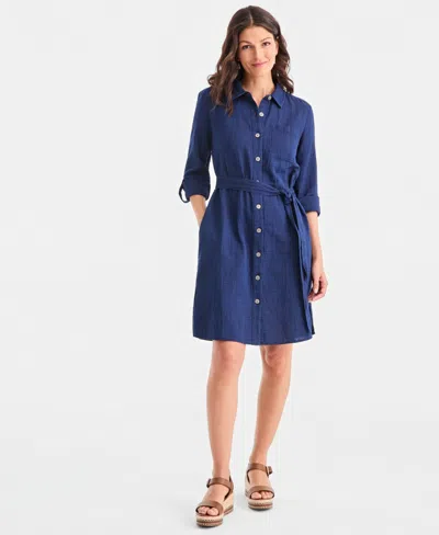 Style & Co Petite Cotton Belted Shirtdress, Macy's Exclusive In Blue
