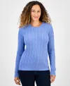Style & Co Petite Cotton Cable-knit Crewneck Sweater, Created For Macy's In Blue