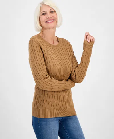 Style & Co Petite Cotton Cable-knit Crewneck Sweater, Created For Macy's In Brown