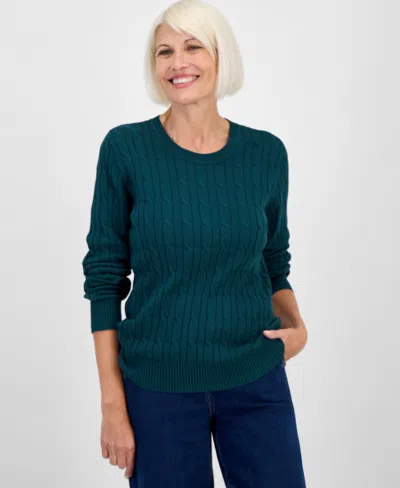 Style & Co Petite Cotton Cable-knit Crewneck Sweater, Created For Macy's In Green
