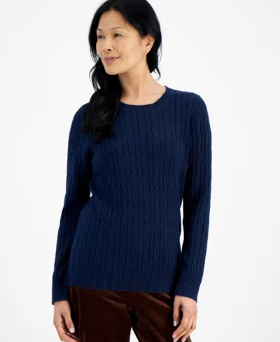 STYLE & CO PETITE COTTON CABLE-KNIT CREWNECK SWEATER, CREATED FOR MACY'S