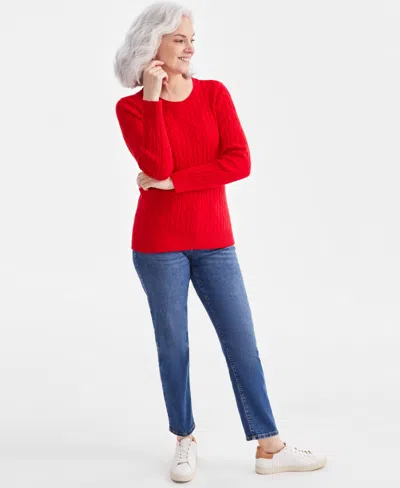 Style & Co Petite Cotton Cable-knit Crewneck Sweater, Created For Macy's In Tango Red