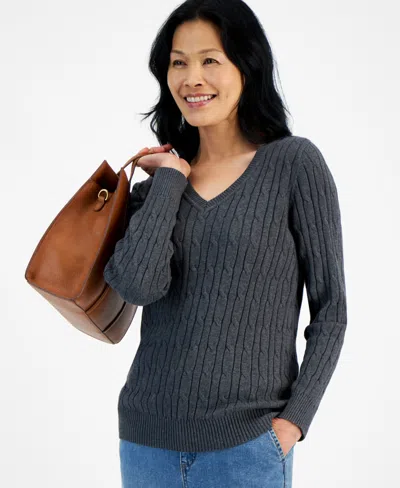 Style & Co Women's Cotton Cable-knit V-neck Sweater, Created For Macy's In Charcoal Heather
