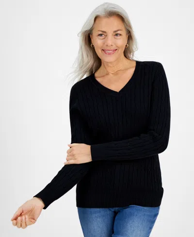 Style & Co Women's Cotton Cable-knit V-neck Sweater, Created For Macy's In Deep Black