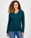 Style & Co Petite Cotton Cable-knit V-neck Sweater, Created For Macy's In Green