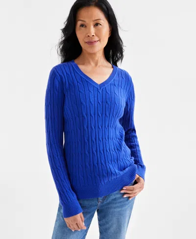 Style & Co Women's Cotton Cable-knit V-neck Sweater, Created For Macy's In Jazzy Blue