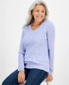 Style & Co Women's Cotton Cable-knit V-neck Sweater, Created For Macy's In Moonlit Iris