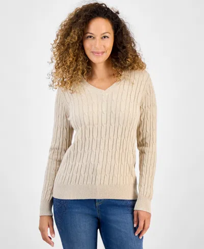 Style & Co Petite Cotton Cable-knit V-neck Sweater, Created For Macy's In Neutral