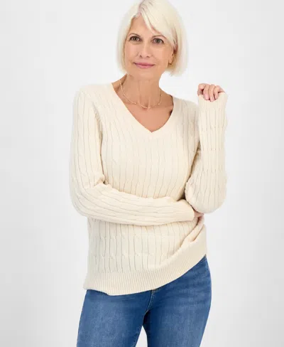 Style & Co Petite Cotton Cable-knit V-neck Sweater, Created For Macy's In Neutral