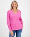 Style & Co Women's Cotton Cable-knit V-neck Sweater, Created For Macy's In Pink Tease