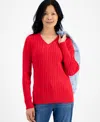 Style & Co Petite Cotton Cable-knit V-neck Sweater, Created For Macy's In Red