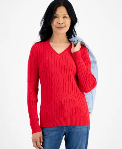Style & Co Petite Cotton Cable-knit V-neck Sweater, Created For Macy's In Red