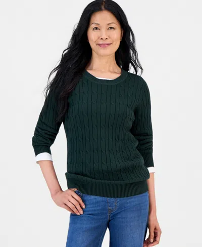 Style & Co Petite Cotton Cable-knit Crewneck Sweater, Created For Macy's In Nocturnal Green