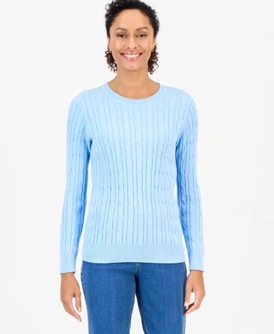 Style & Co Petite Cotton Cable-knit Crewneck Sweater, Created For Macy's In Blue