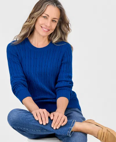 Style & Co Petite Cotton Cable-knit Crewneck Sweater, Created For Macy's In Twilight Waters